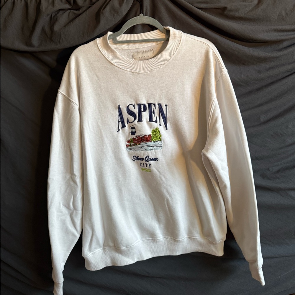 PacSun White Crewneck Sweater with Aspen Design
